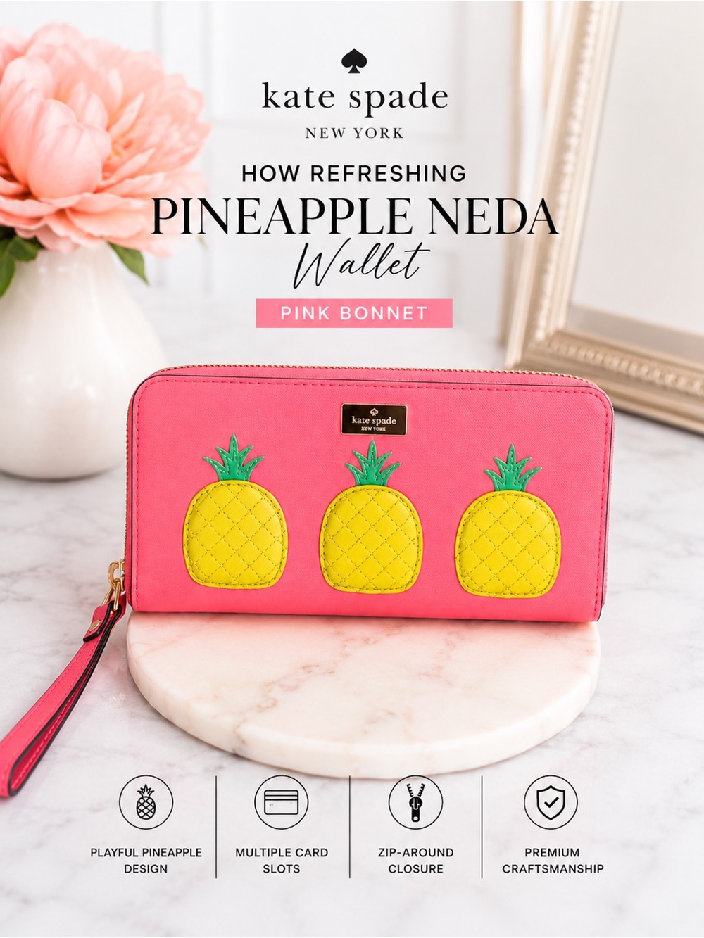 Kate Spade "How Refreshing" Pineapple Neda Wallet in the color "Pink Bonnet."